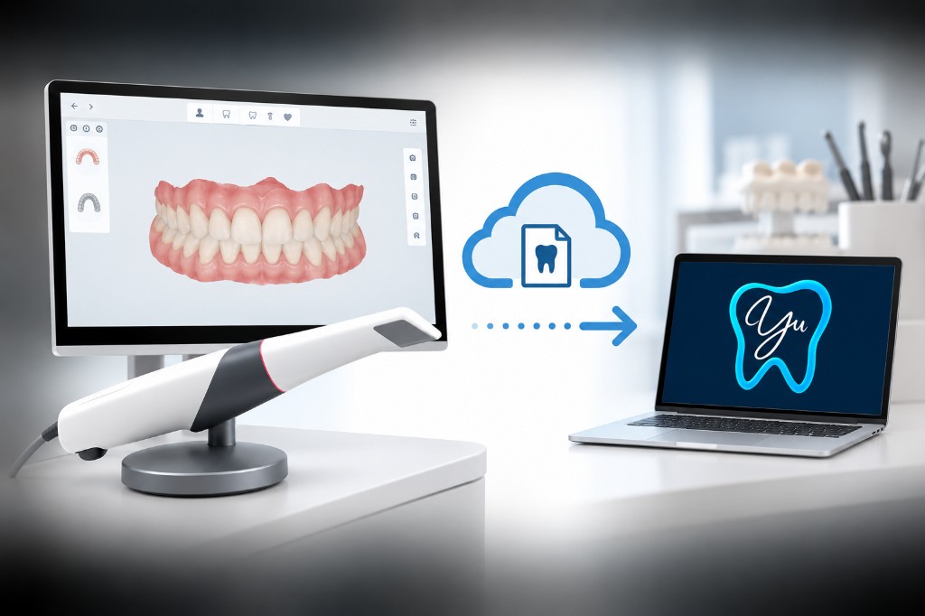 Dental scanner workstation sending digital scan data through the cloud to Yu Dental Laboratory