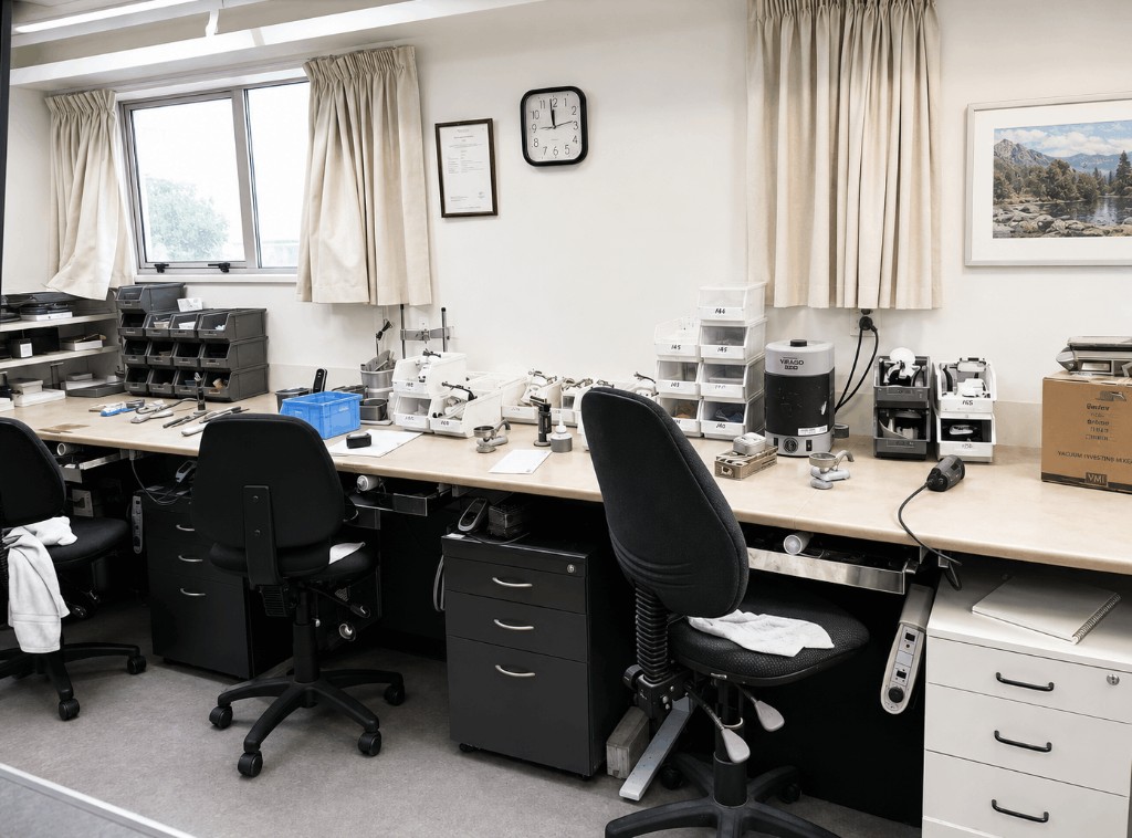 Laboratory bench with dental manufacturing equipment